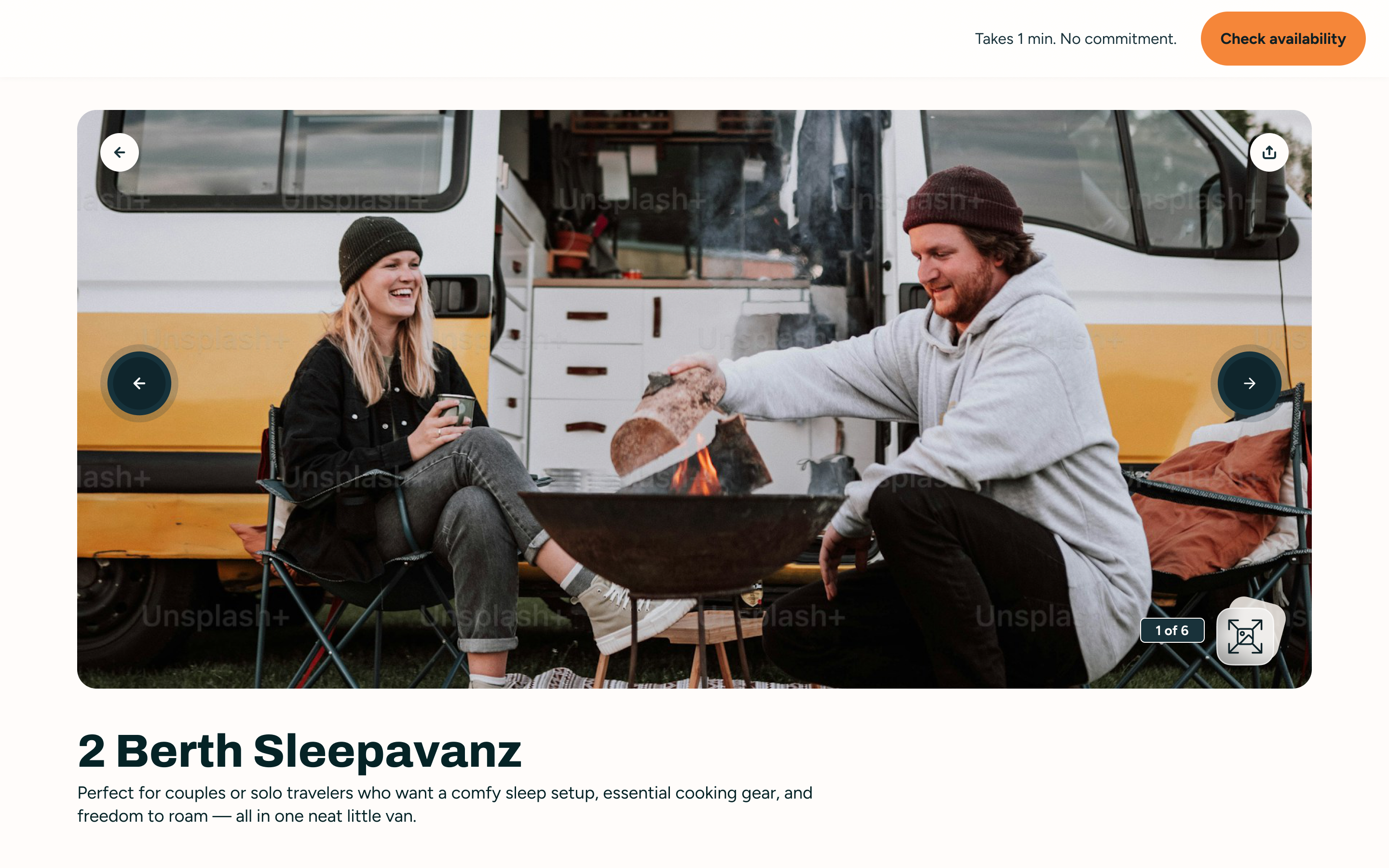 Camper detail page with vehicle specs and pricing