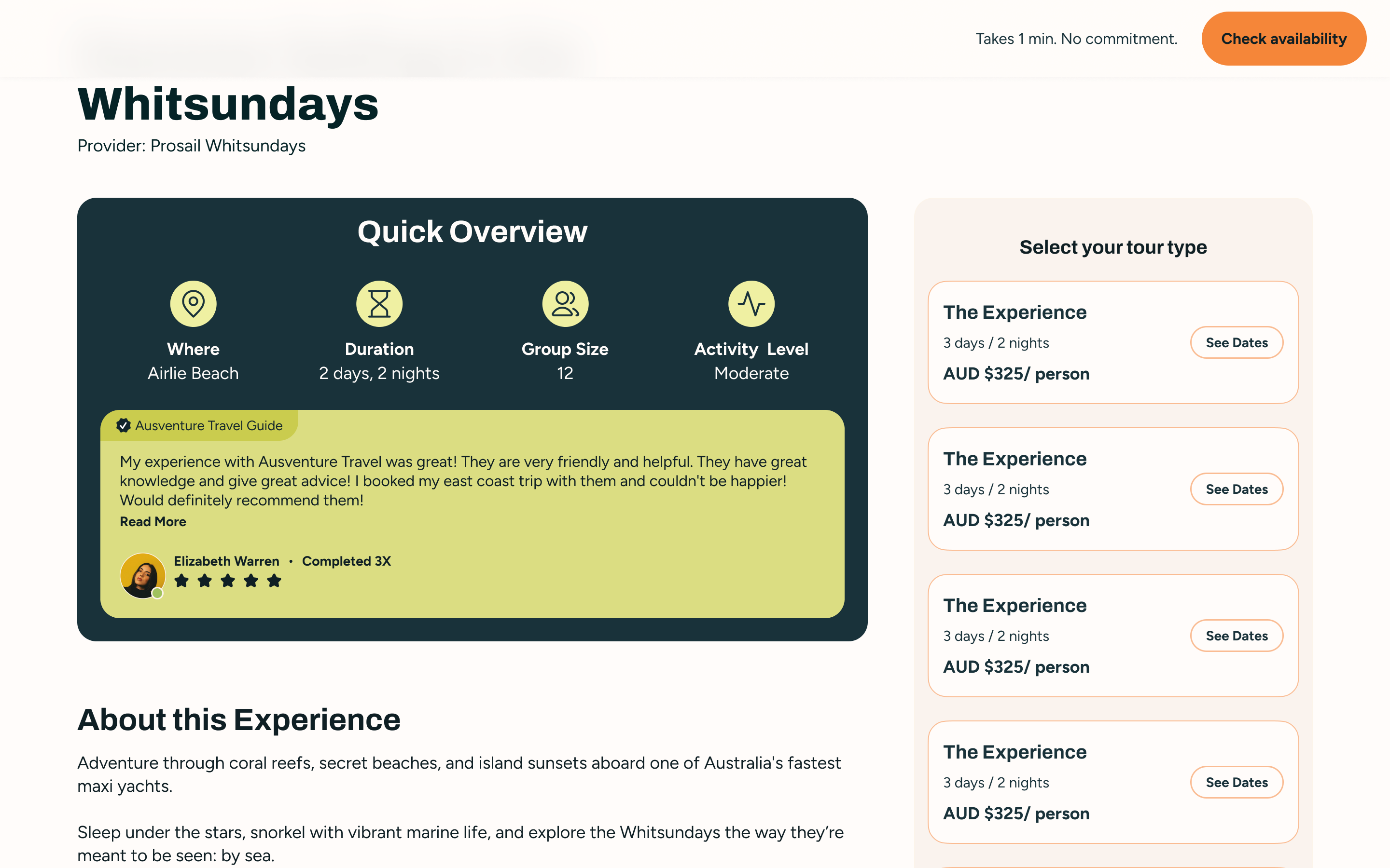 Experience detail page with activity info and gallery