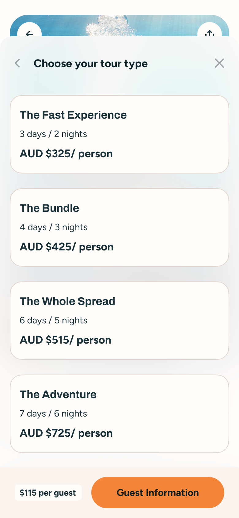 Camper booking flow on mobile