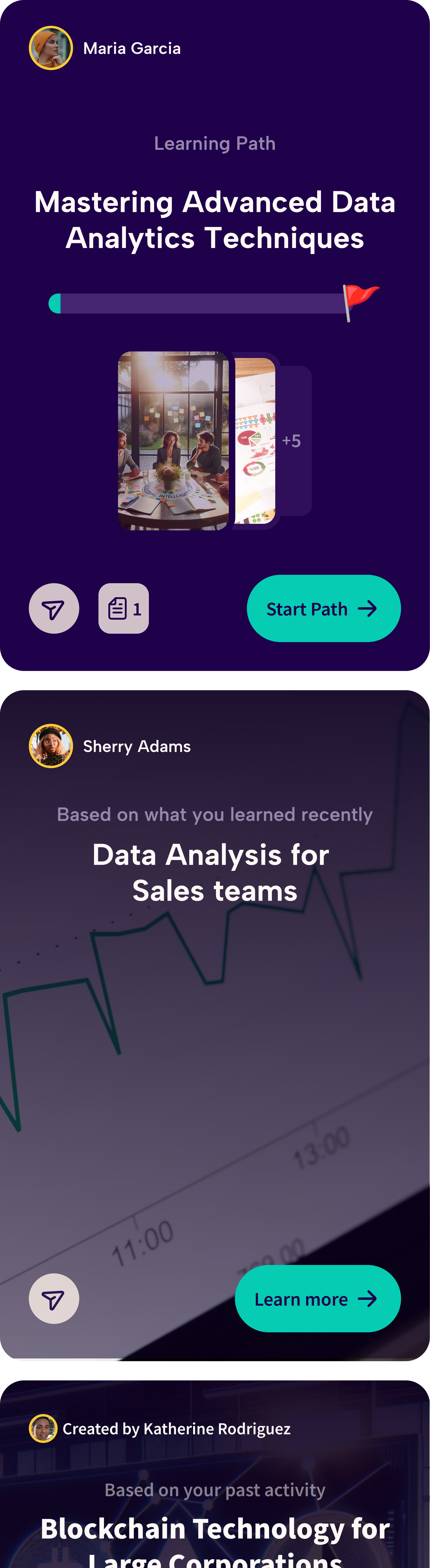 Learn.xyz mobile feed — learning paths, progress tracking, and team activity