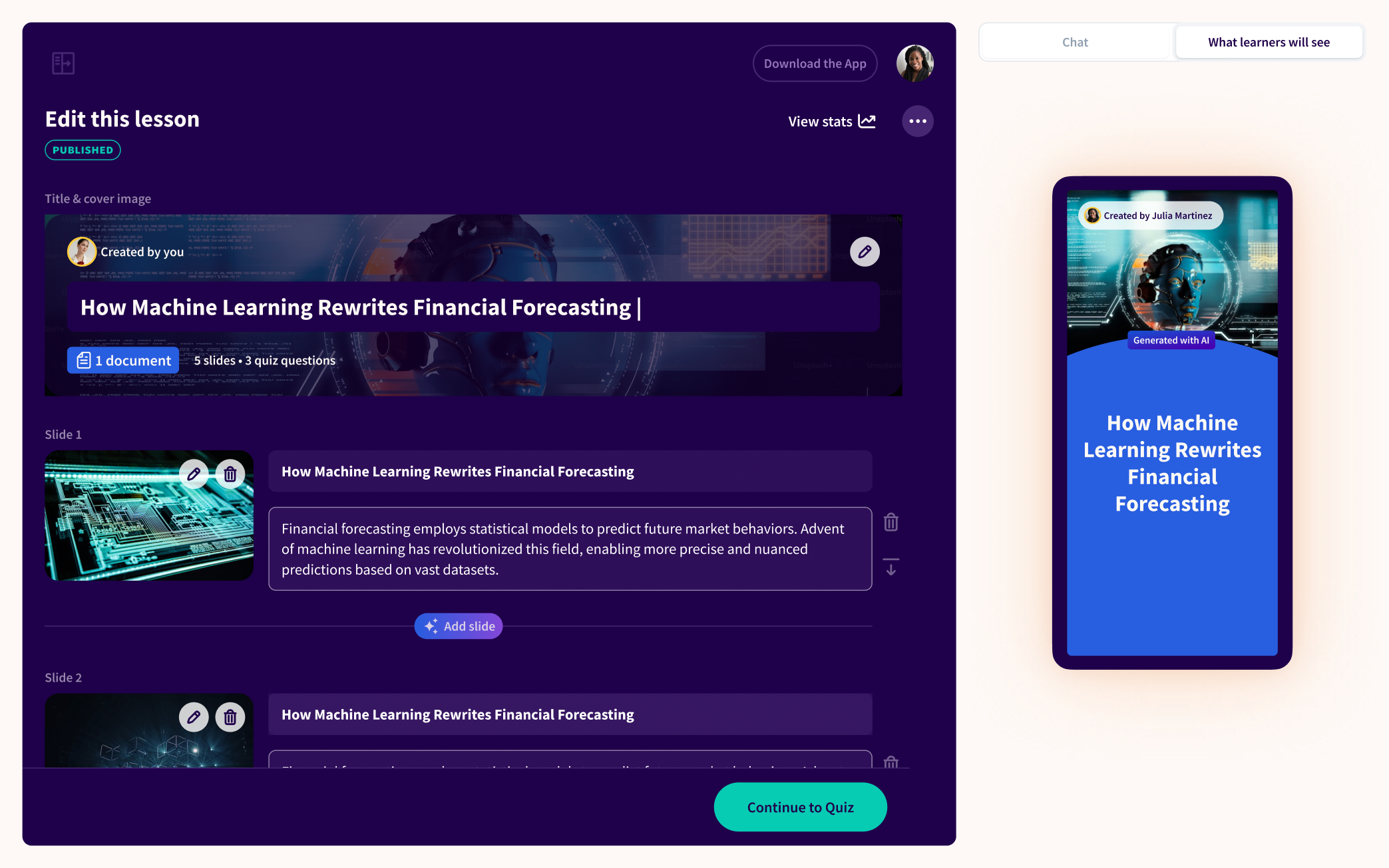 Learn.xyz lesson editor — preview of what learners will see